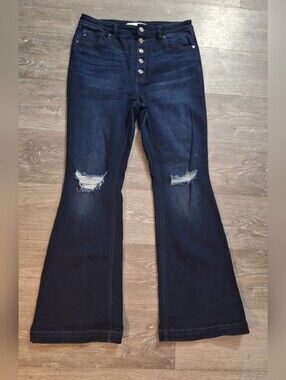 KanCan Petite Estilo Dark Indigo High-Rise Button Fly Flare Distressed Jeans, 30